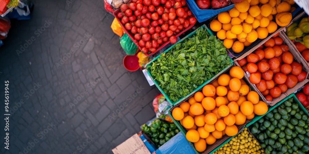 Wall mural vibrant overhead view of fresh produce at a farmers market stall with tomatoes, oranges, greens, and cucumbers in colorful crates.