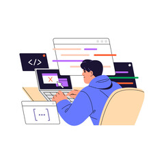 Software engineer writing code on computer. Coder programming database. Programmer typing script, solves problems in algorithm. Digital development. Flat isolated vector illustration on white