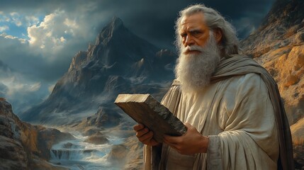 Moses Holding Stone Tablets on a Majestic Mountaintop, Illuminated by Divine Light Against a Stormy Sky, Depicting a Powerful and Awe-Inspiring Biblical Scene