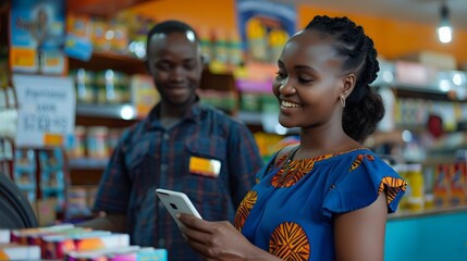 Mobile money in Africa. Mpesa. A happy woman smiles at her smartphone while shopping in a vibrant store with a friendly male cashier in the backgroun