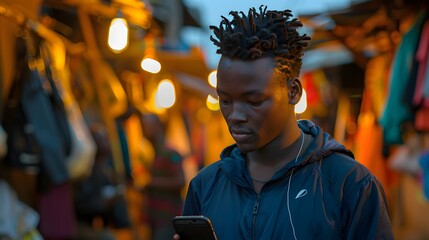 Obraz premium Mobile money in Africa. Mpesa. A young man with textured hair focuses on his smartphone in a vibrant market setting, illuminated by string lights. 