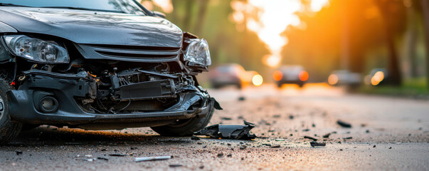 A close-up of a severely damaged car with a crumpled front end, scattered debris on the road, and blurred traffic in the background.