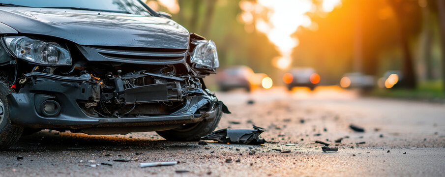 A close-up of a severely damaged car with a crumpled front end, scattered debris on the road, and blurred traffic in the background.
