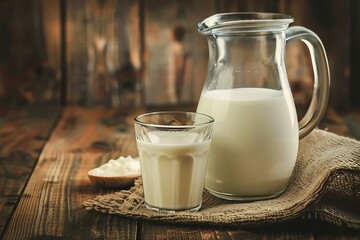 Milk in a glass and jug on a dark wooden background.