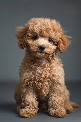 A small brown dog sits on a gray floor, ready for play or snuggle