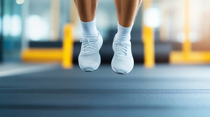 Close-up of a person performing explosive jump squats, with the background blurred to emphasize the speed and intensity of the workout, HIIT workout, explosive power