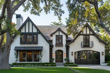 A traditional white house with black trim and windows, ideal for country or rural scene illustrations
