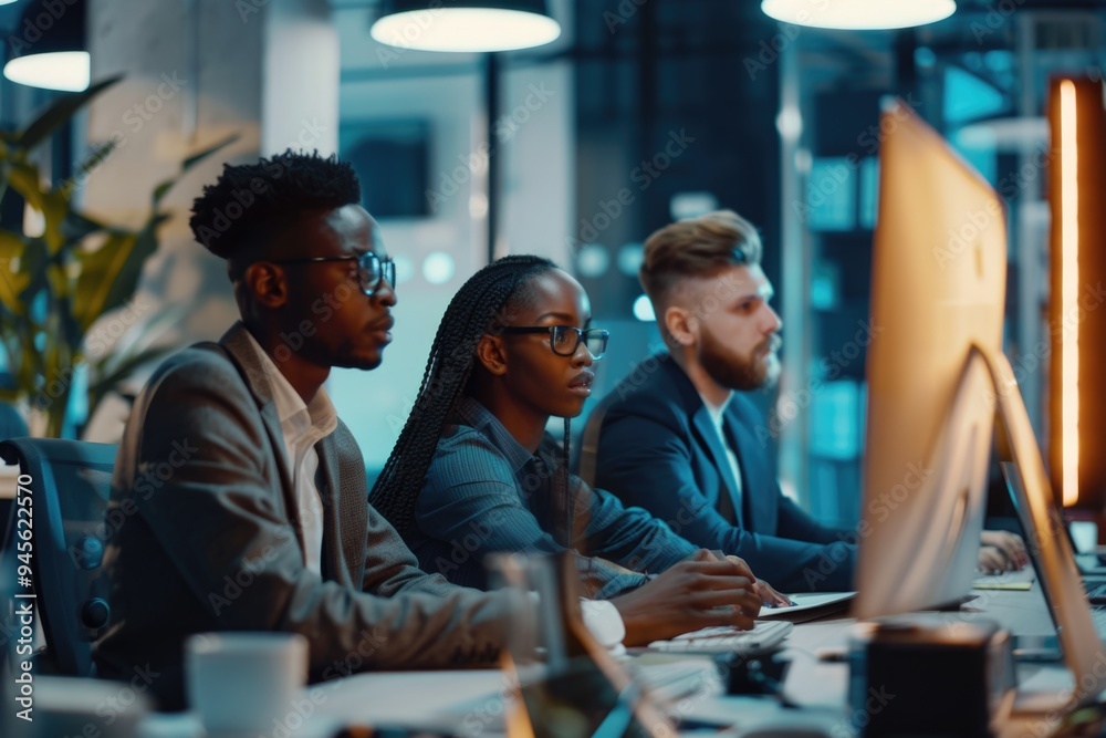 Poster people gathered around computers during a meeting