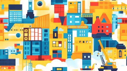 playful construction site with toy cranes digge. Playful construction site with toy cranes, diggers, and building blocks on seamless tiled wallpaper