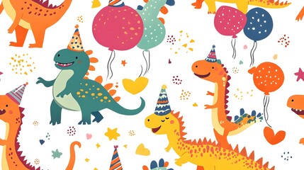 playful dinosaurs with balloons and party hats. Playful dinosaurs with balloons and party hats on seamless tiled wallpaper