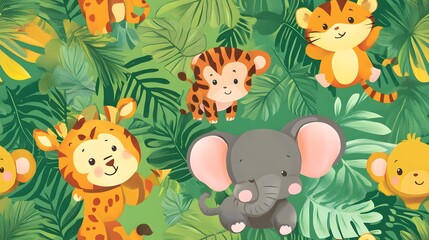 Naklejka premium playful jungle animals including monkeys elepha. Playful jungle animals, including monkeys, elephants, and tigers, on seamless tiled wallpaper