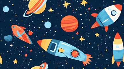 Playful outer space theme with planets, rockets, and astronauts ion.seamless tiled wallpaper