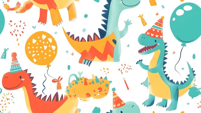 playful dinosaurs with balloons and party hats. Playful dinosaurs with balloons and party hats on seamless tiled wallpaper