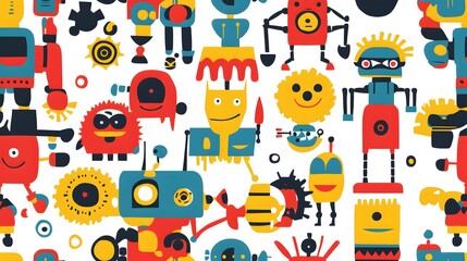 Fototapeta premium Playful robots and gears in bright, primary colors, on.a seamless tiled wallpaper