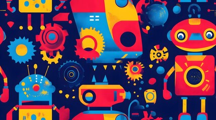 Pllayful robots and gears in bright, primary colors,  on.a seamless tiled wallpaper
