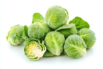 A pile of fresh Brussels sprouts with one cut in half, showcasing its vibrant green interior.