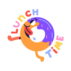 Hungry donut with frosting, sprinkles hurries to eating. Cute character of food runs, rushing with showing tongue. Funny lunch time sticker. Flat isolated vector illustration on white background