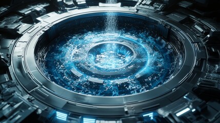 A futuristic high-pressure water jet cleaning a metallic surface, with glowing neon accents, sci-fi atmosphere, 3D rendering, blue and silver tones, ultra-detailed