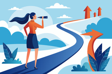 Searching for growth opportunity, vision to look and see future, challenge ahead or motivation to grow business concept, businesswoman on arrows look through binoculars to find business opportunity. 
