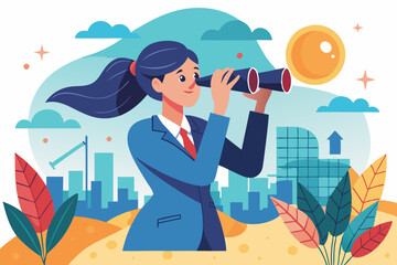 Searching for growth opportunity, vision to look and see future, challenge ahead or motivation to grow business concept, businesswoman on arrows look through binoculars to find business opportunity. 
