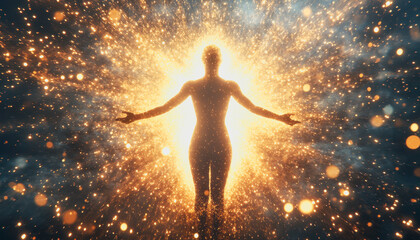 Fototapeta premium Silhouette with outstretched arms against a sunrise, surrounded by glowing orbs in a dreamlike scene