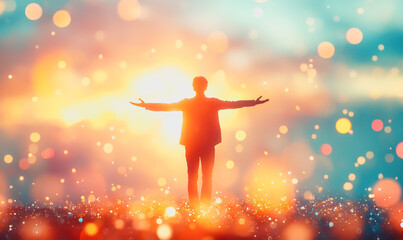 Obraz premium Silhouette with outstretched arms against a sunrise, surrounded by glowing orbs in a dreamlike scene