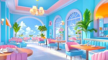 Fototapeta premium A vibrant, pastel-colored restaurant interior with scenic views and tropical decor.