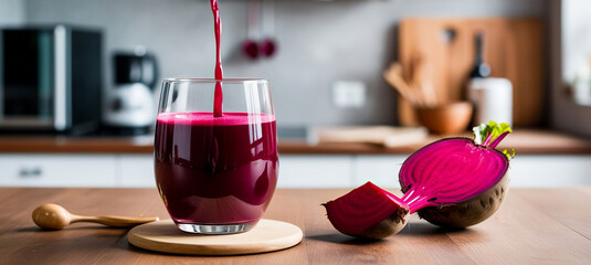 Fresh beet juice in a glasses on blurred kitchen background, Glass of Beetroot juice on a kitchen counter table, Healthy beetroot smoothie in a de-focused kitchen background