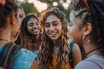 Fototapeta premium A group of young women standing next to each other, possibly friends or colleagues