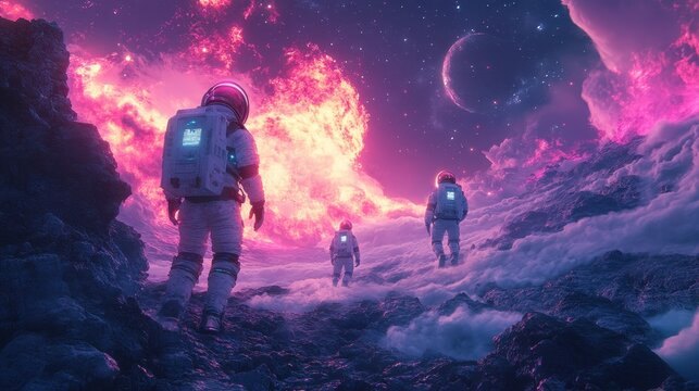 Futuristic AI Astronauts in Glowing Suits Exploring a Vibrant Alien Planet