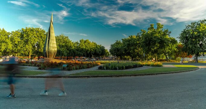 Budapest, Hungary: July 05, 2024: Margit - sziget, Centenary monument. Time-lapse, slide transition.
