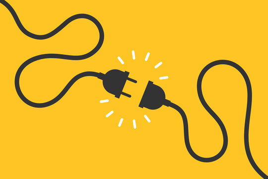 Electric socket and plug graphic icon. Electricity connection or disconnection sign isolated on yellow background. Vector illustration