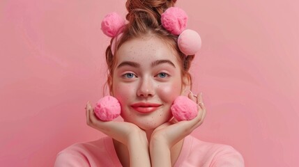 Fototapeta premium A young girl wearing a fun and colorful costume with pink pompoms on her head, great for parties or celebrations