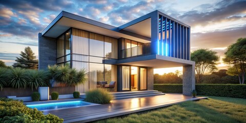 Fototapeta premium _modern minimalist house facade incorporating 3D graph visualization logo in bold blue accents echoing futuristic architecture amidst lush greenery during golden hour_