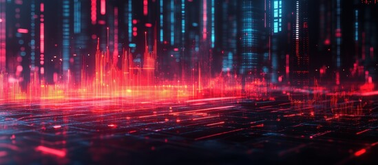 Futuristic Digital Landscape with Red and Blue Neon Lights and Data Streams