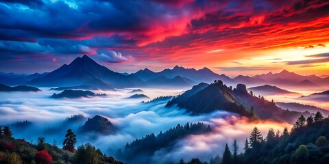 moody abstract landscape border friction vibrant red blue misty silhouette mountain peaks contrast dramatic twilight atmosphere soft focus surreal dreamlike ethereal