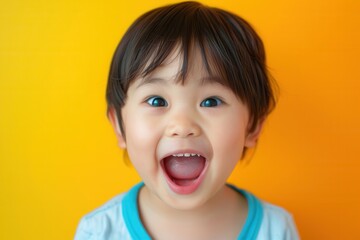 A young child with dark hair beams joyfully, showcasing excitement and happiness in a colorful setting at home. Generative AI
