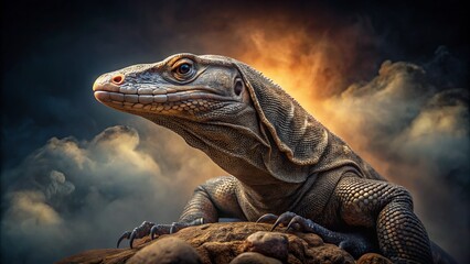 Obraz premium Moody, cinematic studio portrait of an isolated, majestic monitor lizard on a dark, misty background