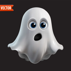 Realistic Halloween 3d ghost character with a surprised expression and blue eyes against dark background. Spirit monsters silhouette. Perfect for Halloween graphics, posters. Vector illustrations