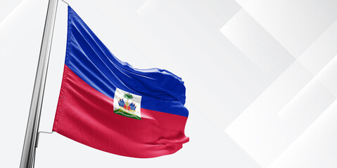 Haiti national flag cloth fabric waving on beautiful White Square Background.