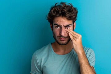 A handsome young man stands in a brightly lit room, his face contorted in a humorous expression as he pinches his nose with two fingers. The background is slightly blurred, revealing a messy kitchen o