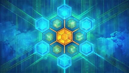 Obraz premium Abstract Hexagonal Structure with Glowing Cubes and Digital Background