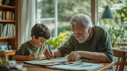 Real world senior life photo of a grandparent drawing with his grandchild