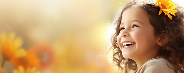 Fototapeta premium Young girl smiling brightly among vibrant sunflowers during a sunny afternoon in a serene garden