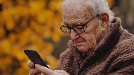 Obraz premium Real world senior life. An elderly man in a cozy sweater is absorbed in using his smartphone against a backdrop of vibrant autumn leaves. 