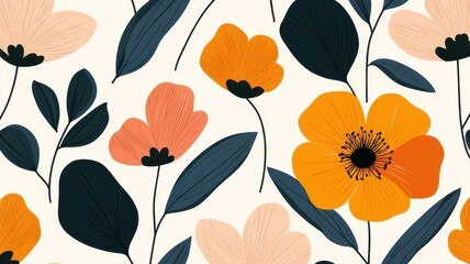 Simplistic drawing of flowers with large petals, muted color scheme, bold line art