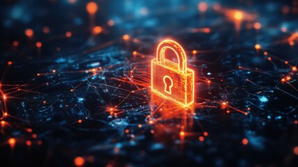 A glowing digital lock symbol representing cybersecurity and data protection in a network of interconnected nodes.