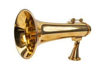Obraz premium A shiny gold trumpet sitting on a plain white surface