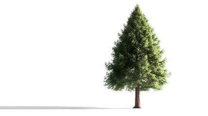 Obraz premium Redwood tree on a white background. A solitary evergreen tree stands against a minimalist white background, repres