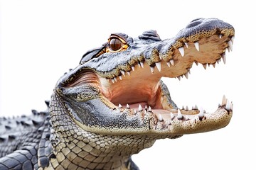 crocodile isolated on white. Large Crocodile open mouth isolated on white background. Clipping path.


